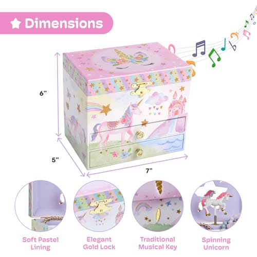 Jewelkeeper Enchanting Unicorn Musical Jewelry Box for Girls - Sparkling Rainbow Design Music Box with 2 Pullout Drawers t...