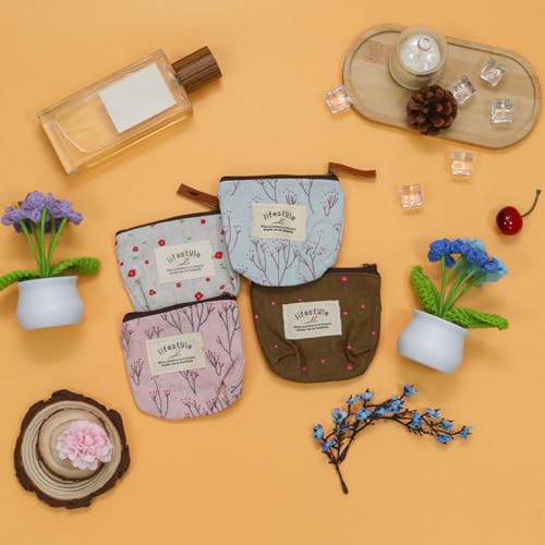 OYWOBET 4Pcs Mini Canvas Purse Coin Pouch, Mini Makeup Bags with Flower Pattern, Small Cosmetic Bag with Zipper Portable T...