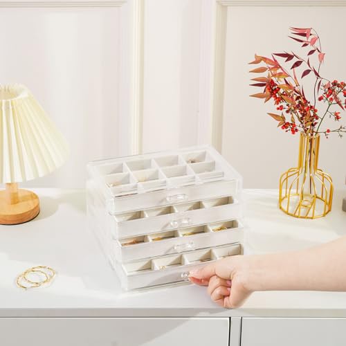 Lolalet Earring Holder Organizer Box Jewelry Storage with 4 Drawers, Clear Acrylic Stackable Earring Case with Adjustable ...