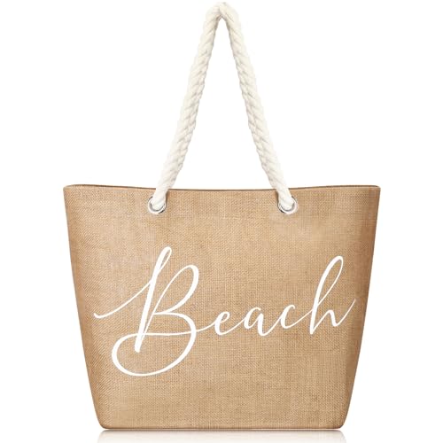 Huhumy Jute Beach Bag for Woman Boho Beach Shoulder Tote Bag with Cotton Handles Modern Waterproof Handbag for Women Vacat...