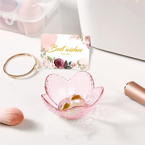 Gifts for Women Pink Flower Ring Dish Glass Jewelry Dish Jewelry Tray Cute Vanity Organizer Room Decor Aesthetic Nightstan...