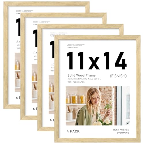 Fisnish 11x14 Picture Frame Set of 4, Natural Solid Wood Picture Frames, Display 11x14 Photos without Mat, Horizontal or V...