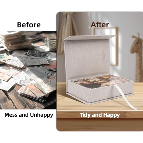 Hiwhy Linen Photo Storage Box, 4 x 6 Inch Memory Keepsake Organizer with Transparent Window, Stylish Photo Box for Storing...