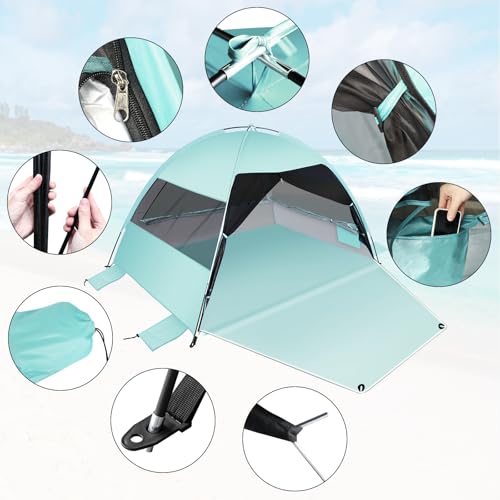 Large Easy Setup Beach Tent,Anti-UV Beach Shade Beach Canopy Tent Sun Shade with Extended Floor & 3 Mesh Roll Up Windows F...