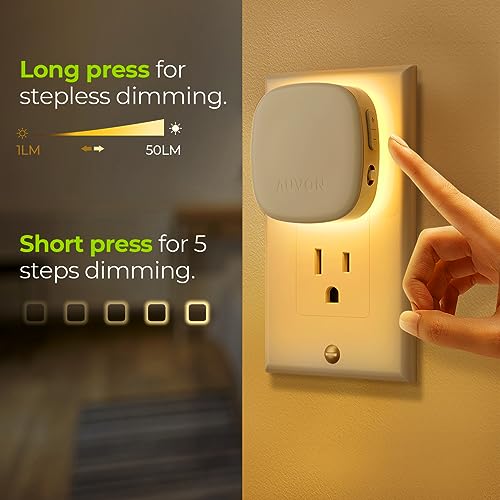 AUVON Plug-in LED Backlit Night Light with Motion Sensor & Dusk to Dawn Sensor, Dimmable Warm White Nightlight with 1-50 l...