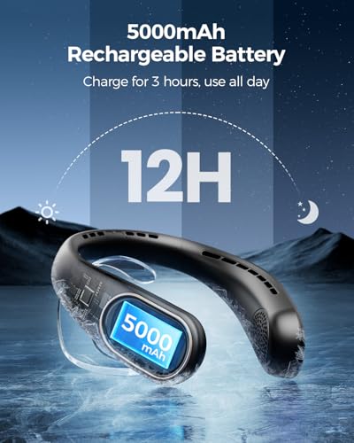 SHEWIND Portable Neck Fan - 5000mAh Rechargeable Hands-Free Wearable Fan | 4 Speeds, Bladeless & LED Display | Personal Co...
