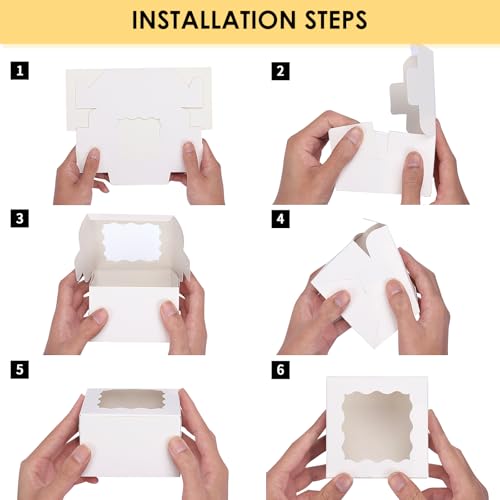 Moretoes 50pcs White Cookie Boxes with Window, 4x4x2.5 Inches Bakery Boxes with 5pcs Stickers for Small Cookies, Treats, D...