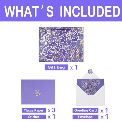 Qirrmiy 13" Large Rose Purple Gift Bag Set with Greeting Card and Tissue Paper for Women or Girls for Celebrating Birthday...