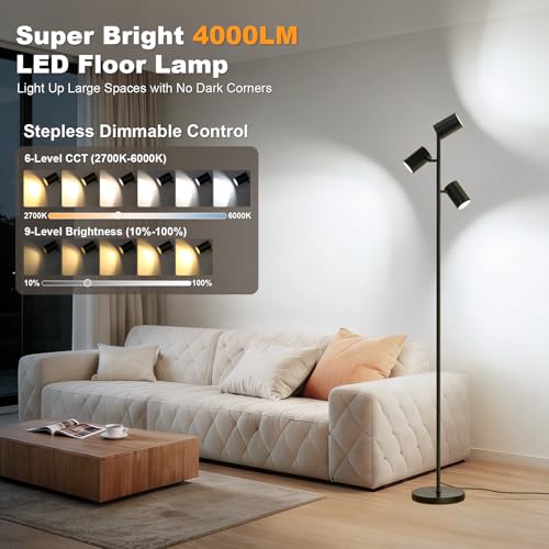 4000LM LED Tree Floor Lamp, 36W Super Bright Reading Lamp with Remote, Dimmable Tall Standing Light with 3 Rotatable Heads...