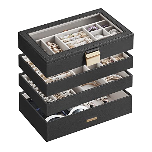 SONGMICS Stackable Jewelry Trays, 4-Tier Jewelry Box, Drawer Jewelry Organizer, with Glass Lid, Removable Dividers, for Va...