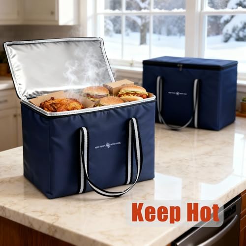 Insulated Food Delivery Bag, Large Durable Reusable Shopping Grocery Bag with Zipper – Foldable Thermal Cooler Bag for Hot...