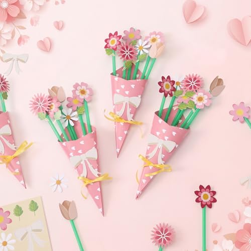 Motipuns 24 Sets Mother's Day DIY Paper Flower Bouquet Craft Kit Bulk for Kids Make Your Own Flower Bouquet DIY Craft Scho...