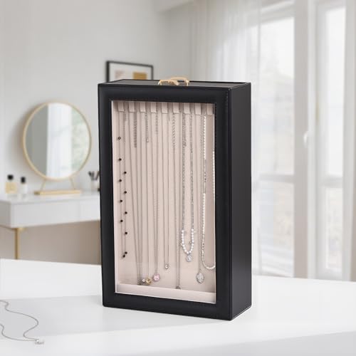 Lolalet Necklace Organizer Box, Jewelry Storage Box with Clear Window for Necklaces Bracelets, Tangle-Free Necklace Displa...