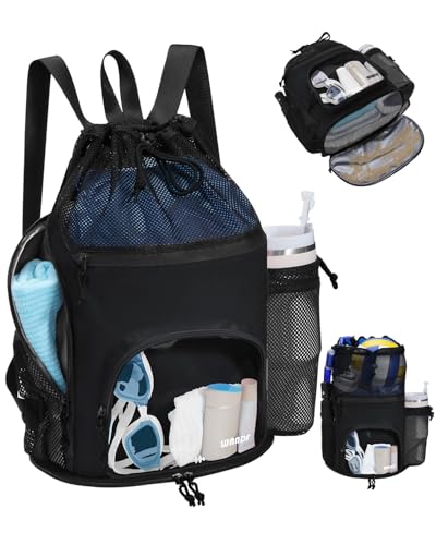 WANDF Swim Bag with Wet Pockets, Sandproof Beach Backpack with 40oz Tumbler Side Pockets, Mesh Drawstring Backpack Swim Ba...