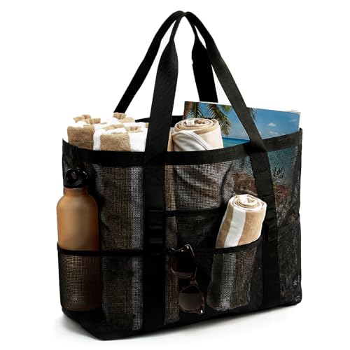 JOYPICKS Mesh Beach Bag-Large Beach Tote for Women Family with Zipper Pocket Toys & Vacation Essentials