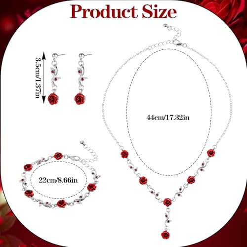 WJIAAA MBAIYO Red Rose Jewelry Set, 3Pcs Red Roses Flower Necklaces for Women Rose Dangle Necklace Bracelet Set Vintage Ea...
