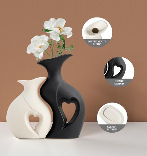 Black and White Vase Heart Shape Ceramic Vase Set of 2,Modern Boho Hollow Flower Vases,Nordic Aesthetic Decor,Decorative V...