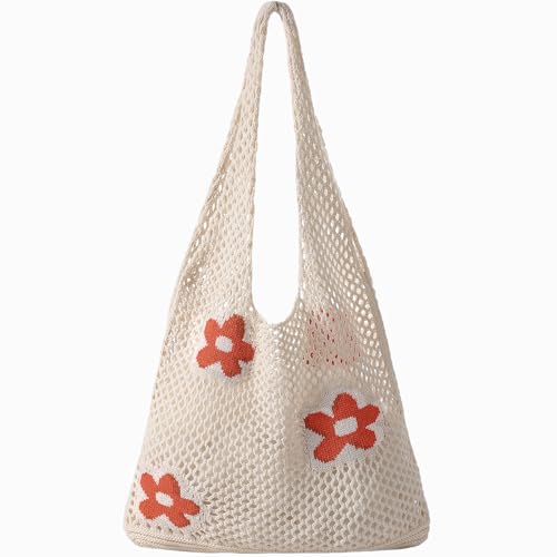 Premillow Crochet Beach Tote Bags, Stylish Mesh Beach Bags Shoulder Bag for Women, Cute Summer Vacation Boho Tote Bag