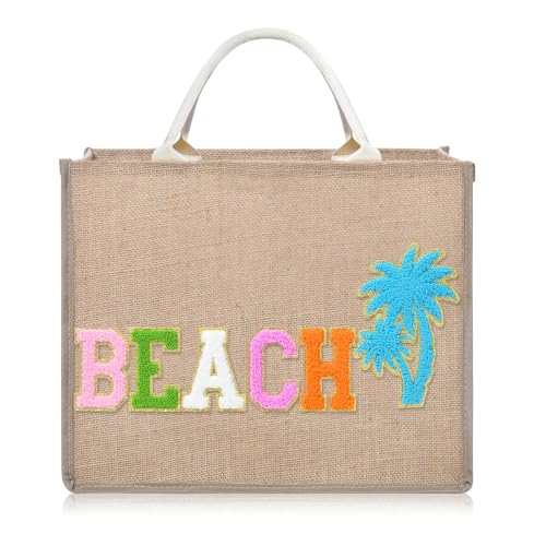 KUIRAN Beach Bag for Women Large Woven Straw Bag with Chenille Letter Patches and Water-resistant Lining, 20L Tote Handbag