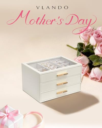 VLANDO Jewelry Box for Women, Glass Lid Jewelry Organizer with 3 Drawers for Necklaces Rings Earrings Bracelets Mother Day...