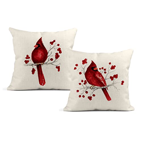 LOKMU Set of 2 Throw Pillow Covers Winter Christmas Cardinal Bird Red Berries Square Linen Home Decorative Cushion Covers ...