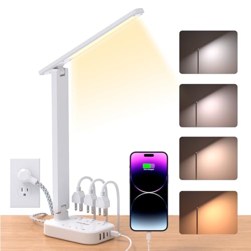 One Beat LED Small Desk Lamp Power Strip 5ft Extension Cord, 3 Outlets, 4 USB Ports(2 USB C), 4 Modes, 5 Level Touch- Hom...