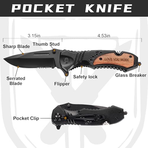 Gifts for Men Dad Him Fathers Day, Anniversary Birthday Gifts ideas for Boyfriend Husband, Engraved Pocket Knife, Wooden H...