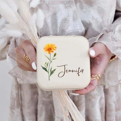 Corissy Personalized Jewelry Box for Women, Custom Travel Jewelry Case with Name and Birth Flower, Leather Jewelry Box for...