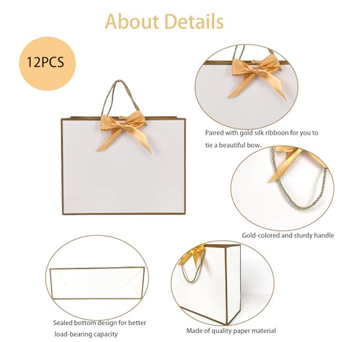 TKSBAG 12PCS Gift Bags Medium Size with Handles, 12.5 x 9.8 x 4.3 In White Gold Thank You Bags with Bow Ribbon for Weddin...