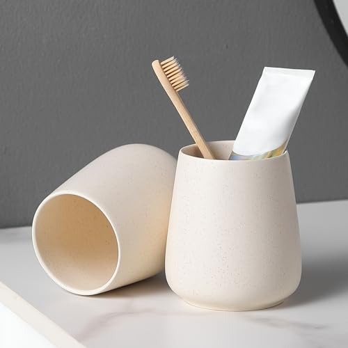 Beige Toothbrush Holder for Bathroom - Ceramic Tooth Brushing Holders, Toothbrush Cup, Toothpaste Organizer for Bathroom C...