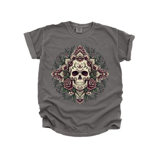 Sugar Skull Mandala Design - Womens Comfort Colors - Pepper Grey Floral Rose Day of the Dead Graphic Tee