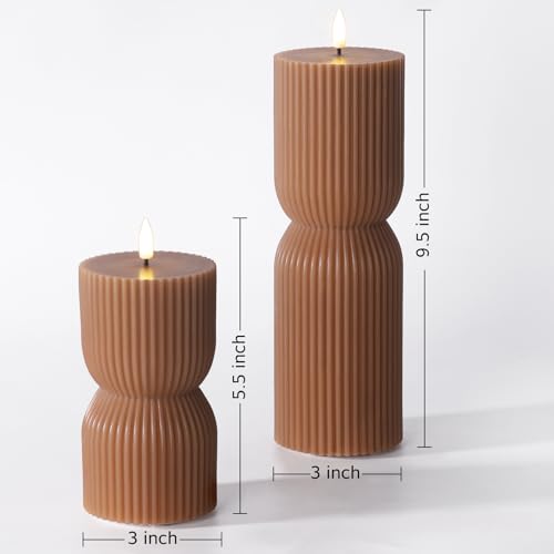 Girimax Warm Brown Ribbed Flameless Pillar Candles with Remote, Real Wax Flickering Battery LED Candles Christmas Decor Gi...