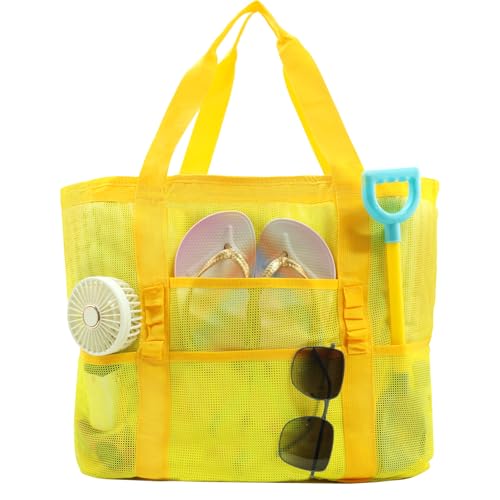 ASBEFORE Large Mesh Beach Tote Bag, 9-Pocket Foldable Summer Vacation Beach Bag for Travel, Pool, Gym, Cruise