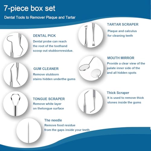 7pcs Dental Tools, Dental Pick Teeth Cleaning Tools Hygiene Kit, Professional Stainless Steel Tooth Scraper Plaque Tartar ...