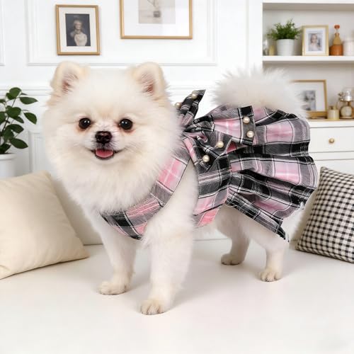 YKYUASD Dog Plaid Dress Harness and Leash Set with Pearls Bow Adjustable Puppy Dress Mesh Vest Bow Knot Pet Clothes for Cu...