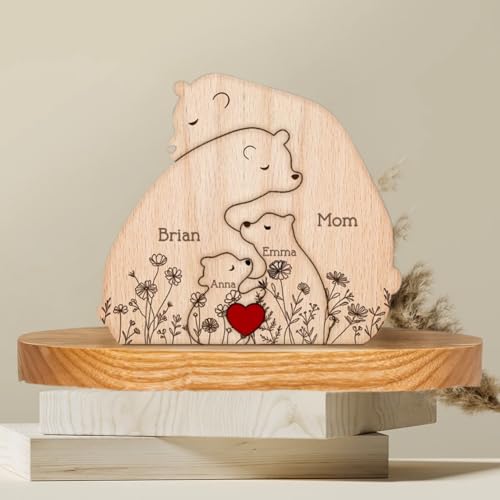 Personalized Wooden Bear Family Puzzle, Hugging Bear Family Floral Version - Personalized Wooden Bear Family Puzzle, Home ...