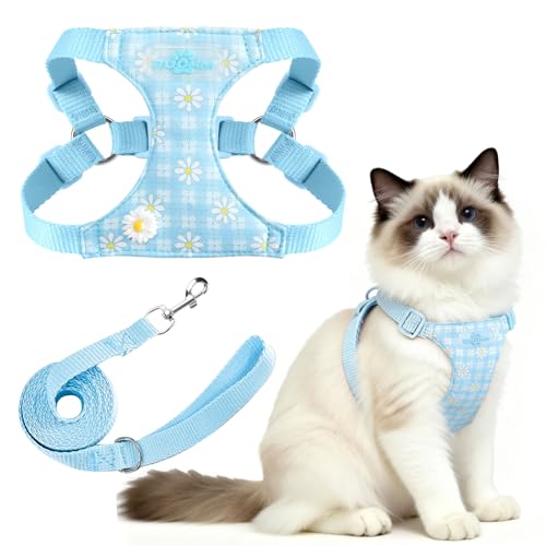 PETCARE Cute Cat Harness and Leash Set Blue Floral Daisy Cat Vest Harness Lightweight Adjustable Step in Spring Summer Sof...