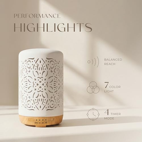 Earnest Living Essential Oil Diffuser White Ceramic Diffuser 250 ml Timers Night Lights and Auto Off Function Home Office ...