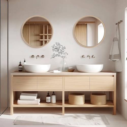 WallBeyond Round Wood Mirror 24 inch Circle Wall Mirror for Bathroom Round Wall Mirror for Wall Decor, Vanity, Entryway Li...
