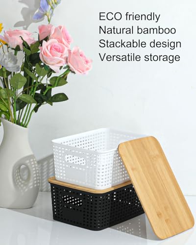 EOENVIVS Plastic Storage Baskets with Bamboo Lids for Pantry Organization and Storage Containers Bins for Shelves Drawers ...