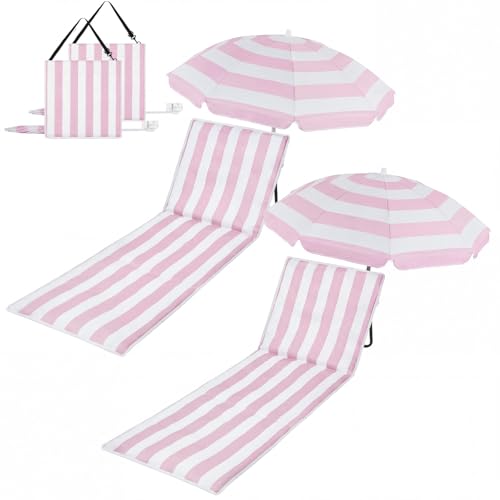 Briwooody 2 Set Beach Chairs with Umbrella Portable Beach Lounger Lightweight Foldable Outdoor Lounger Chair for Outdoor T...