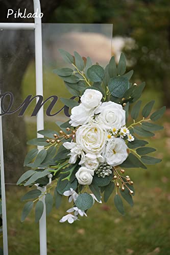 Piklado Faux Arch Flower Swag Set of 2 for Wedding Welcome Signs Floral Swag Wedding Reception Ceremony Signs Decor (White)