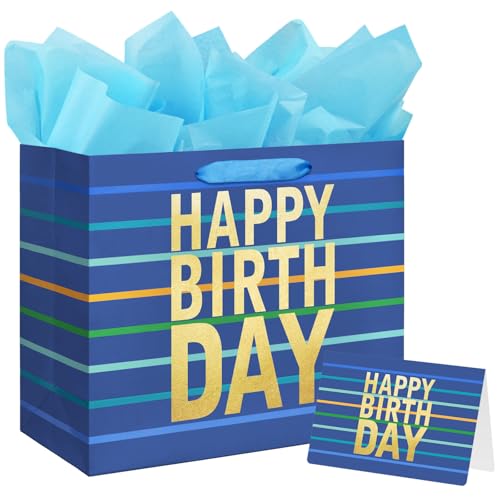 13" Large Blue Gift Bag with Tissue Paper, Card and Handles for Men's Birthday, Kids' or Baby Boy (Stripe) (Large Blue)