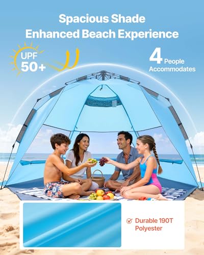 VEVOR Beach Tent Sun Shelter for 4 Person, Pop Up Beach Tent UPF 50+, Portable Sun Shade Beach with Carrying Bag and Sand ...