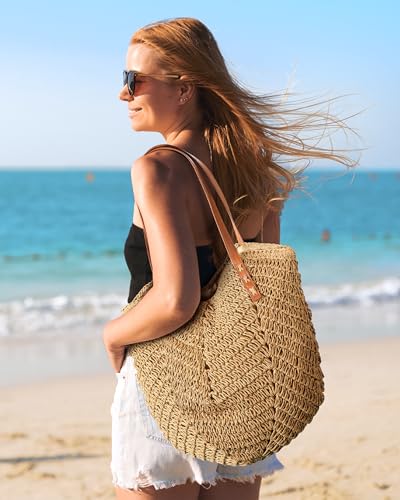 Loiyadn Beach Bags for Women - Straw Bag with Zipper, Soft Woven beach bag, Casual Straw Shoulder Bag for Daily Use