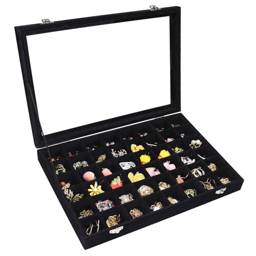 Vicoter Velvet Jewelry Tray 48 Compartments Jewelry Display Organizer with Transparent Cover Rings, Earrings, Necklaces, P...