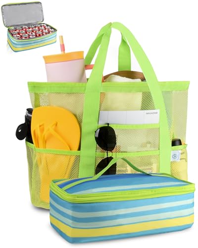 Genteen Sandproof Mesh Beach Bag with Detachable Cooler, Waterproof Zipper Tote Bag for Women Swim Pool Vacation Travel