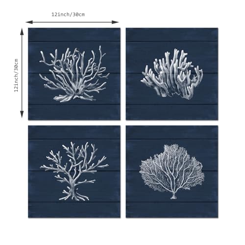 HOMEOART Coral Canvas Wall Art Prints Ocean Navy Blue Coastal Artwork Beach Home Decor Picture Framed Ready to Hang 12"x1...