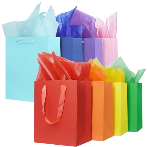 MOXARYSU 8 Pcs Medium Gift Bags With Handles: 8x5x10 Rainbow Colour Gift Bags Kraft Paper Party Favor Bags With 16 Tissues...
