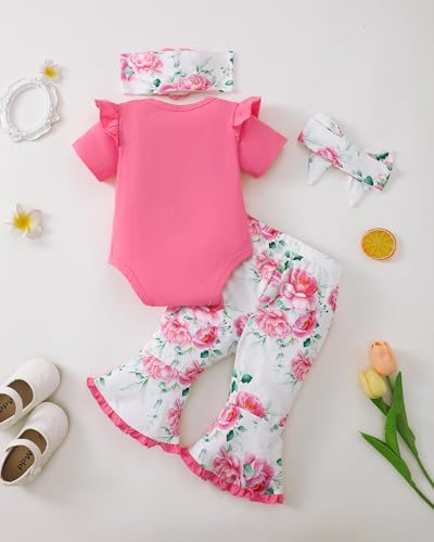 SUNNY PIGGY Newborn Baby Girl Clothes Infant Floral Outfits Bell Bottom Flowerpant Headband 0-18 Months Baby Girl Romper